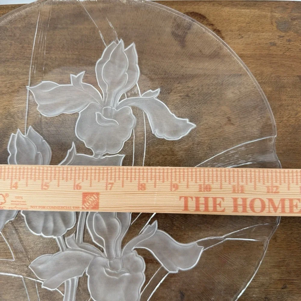 Vintage Dorothy Thorpe Sand Etched Glass‎ Iris Platter MCM Serving Plate 12